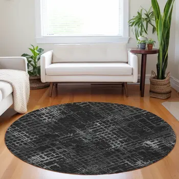 8' Charcoal Gray And Silver Round Geometric Washable Indoor Outdoor Area Rug