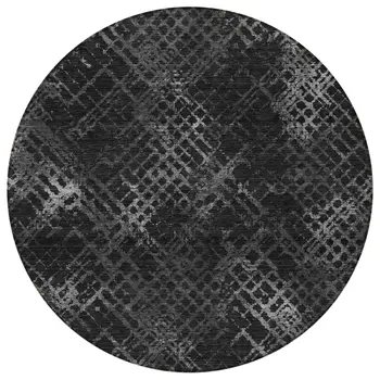8' Charcoal Gray And Silver Round Geometric Washable Indoor Outdoor Area Rug