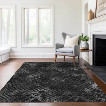 8' X 10' Charcoal Gray And Silver Geometric Washable Indoor Outdoor Area Rug