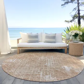 8' Coral Ivory And Peach Round Geometric Washable Indoor Outdoor Area Rug