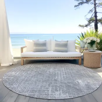 8' Gray And Silver Round Geometric Washable Indoor Outdoor Area Rug