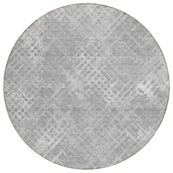 8' Gray And Silver Round Geometric Washable Indoor Outdoor Area Rug