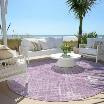 8' Lavender Purple And Ivory Round Geometric Washable Indoor Outdoor Area Rug
