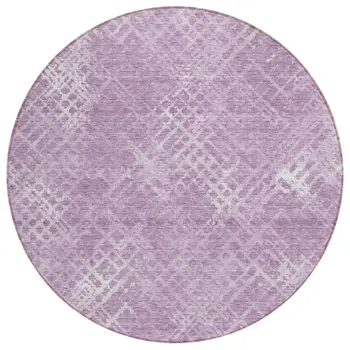 8' Lavender Purple And Ivory Round Geometric Washable Indoor Outdoor Area Rug