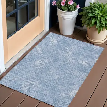 3' X 5' Sky Blue And Denim Blue Geometric Washable Indoor Outdoor Area Rug
