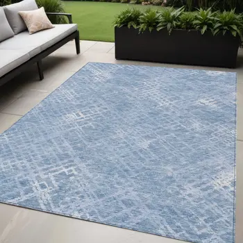 5' X 8' Sky Blue And Denim Blue Geometric Washable Indoor Outdoor Area Rug
