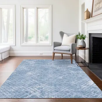 5' X 8' Sky Blue And Denim Blue Geometric Washable Indoor Outdoor Area Rug