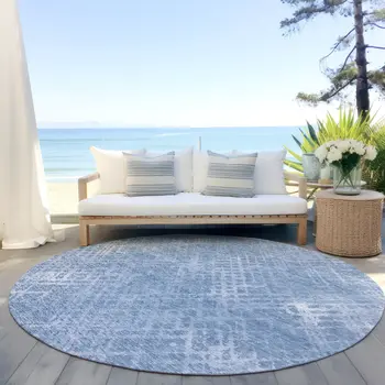 8' Sky Blue And Denim Blue Round Geometric Washable Indoor Outdoor Area Rug