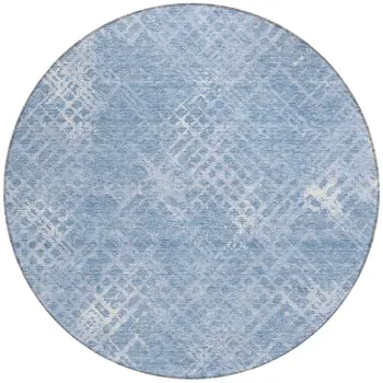 8' Sky Blue And Denim Blue Round Geometric Washable Indoor Outdoor Area Rug