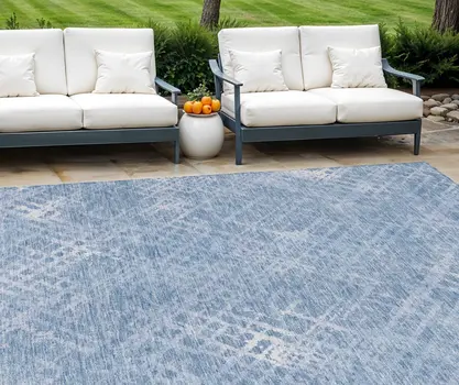 9' X 12' Sky Blue And Denim Blue Geometric Washable Indoor Outdoor Area Rug