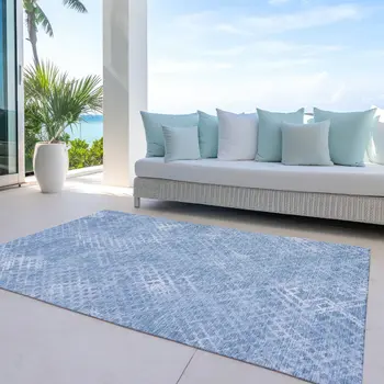 9' X 12' Sky Blue And Denim Blue Geometric Washable Indoor Outdoor Area Rug