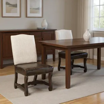 Set of Two Cream and Dark Brown Wood Leather And Linen Dining Side Chairs