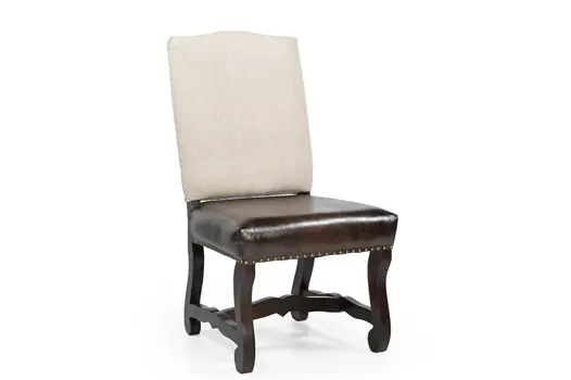 Set of Two Cream and Dark Brown Wood Leather And Linen Dining Side Chairs