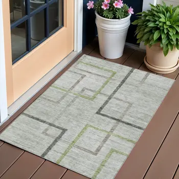 3' X 5' Green And Charcoal Geometric Washable Indoor Outdoor Area Rug