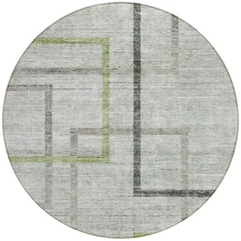 8' Green And Charcoal Round Geometric Washable Indoor Outdoor Area Rug