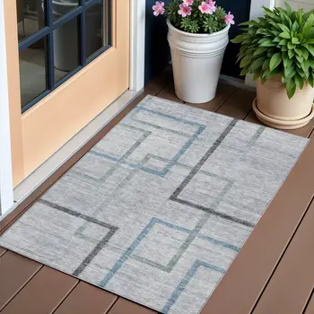 3' X 5' Gray Charcoal And Blue Geometric Washable Indoor Outdoor Area Rug