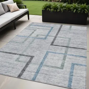 5' X 8' Gray Charcoal And Blue Geometric Washable Indoor Outdoor Area Rug