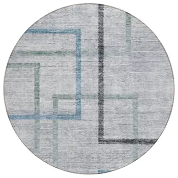 8' Gray Charcoal And Blue Round Geometric Washable Indoor Outdoor Area Rug