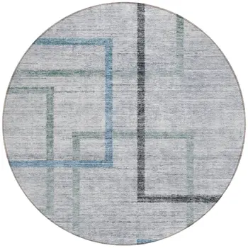 8' Gray Charcoal And Blue Round Geometric Washable Indoor Outdoor Area Rug