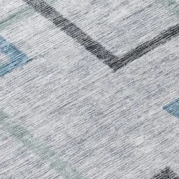 8' Gray Charcoal And Blue Round Geometric Washable Indoor Outdoor Area Rug