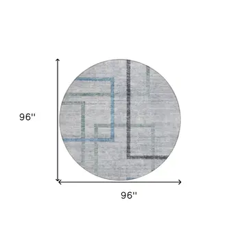 8' Gray Charcoal And Blue Round Geometric Washable Indoor Outdoor Area Rug