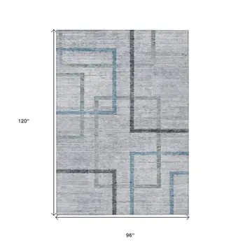 8' X 10' Gray Charcoal And Blue Geometric Washable Indoor Outdoor Area Rug