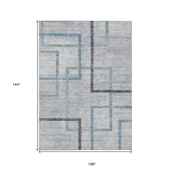 9' X 12' Gray Charcoal And Blue Geometric Washable Indoor Outdoor Area Rug