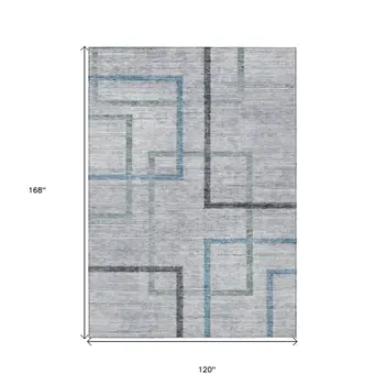 10' X 14' Gray Charcoal And Blue Geometric Washable Indoor Outdoor Area Rug