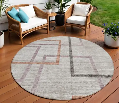 8' Taupe Charcoal And Copper Round Geometric Washable Indoor Outdoor Area Rug