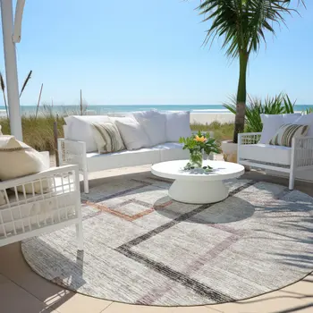 8' Taupe Charcoal And Copper Round Geometric Washable Indoor Outdoor Area Rug