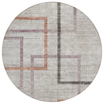 8' Taupe Charcoal And Copper Round Geometric Washable Indoor Outdoor Area Rug