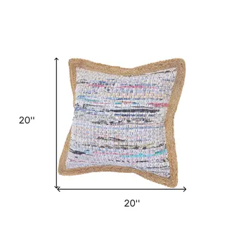 Set of Two 20" Aqua Ivory And Natural Striped Cotton And Jute Throw Pillows with Texture