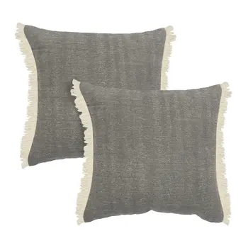 Set of Two 20" Gray And Off White Cotton Throw Pillows with Fringe