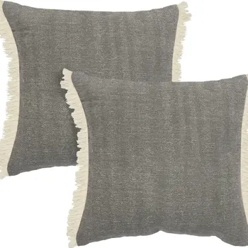 Set of Two 20" Gray And Off White Cotton Throw Pillows with Fringe