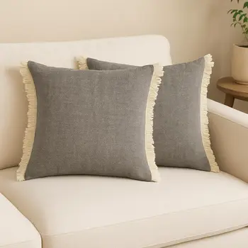 Set of Two 20" Gray And Off White Cotton Throw Pillows with Fringe