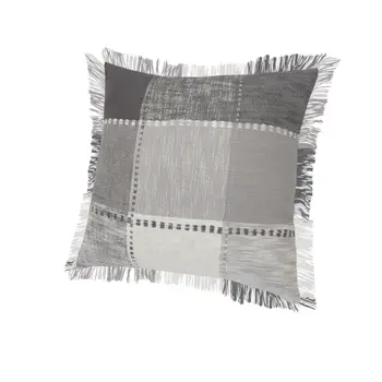 Set of Two 20" Gray And Off White Plaid Cotton Blend Throw Pillows with Fringe