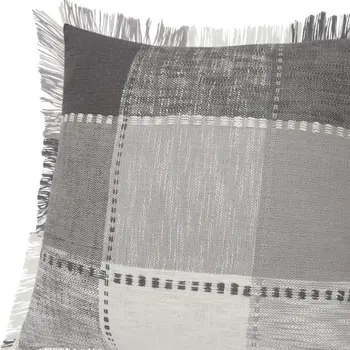 Set of Two 20" Gray And Off White Plaid Cotton Blend Throw Pillows with Fringe