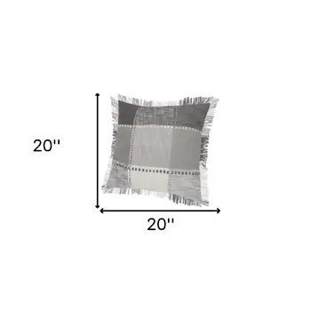 Set of Two 20" Gray And Off White Plaid Cotton Blend Throw Pillows with Fringe