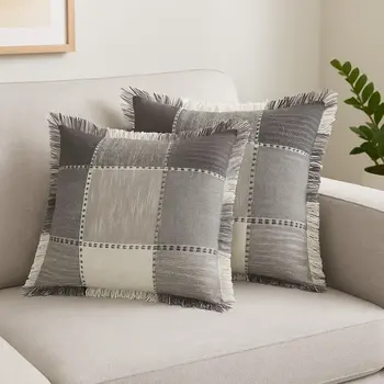 Set of Two 20" Gray And Off White Plaid Cotton Blend Throw Pillows with Fringe