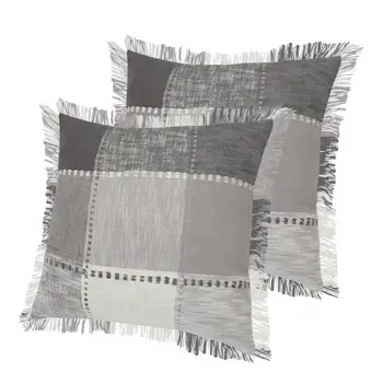 Set of Two 20" Gray And Off White Plaid Cotton Blend Throw Pillows with Fringe