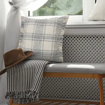 Set of Two 20" Off White And Gray Plaid Cotton Throw Pillows with Fringe