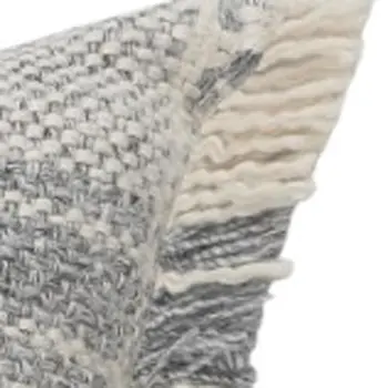 Set of Two 20" Off White And Gray Plaid Cotton Throw Pillows with Fringe
