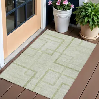 3' X 5' Artichoke Green And Green Geometric Washable Indoor Outdoor Area Rug