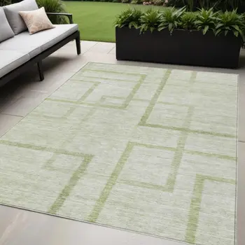 5' X 8' Artichoke Green And Green Geometric Washable Indoor Outdoor Area Rug