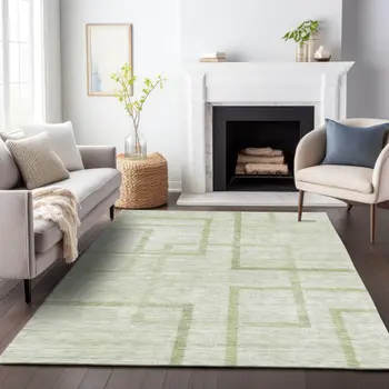 5' X 8' Artichoke Green And Green Geometric Washable Indoor Outdoor Area Rug