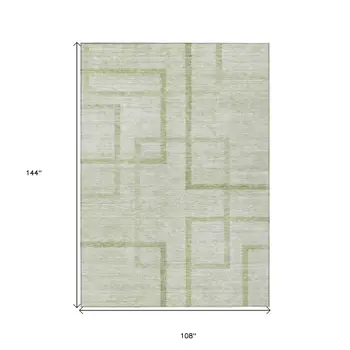9' X 12' Artichoke Green And Green Geometric Washable Indoor Outdoor Area Rug