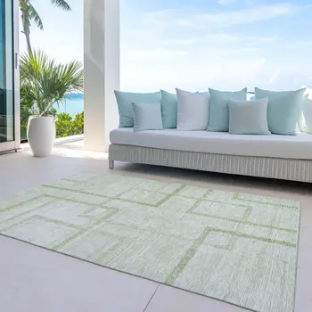 9' X 12' Artichoke Green And Green Geometric Washable Indoor Outdoor Area Rug