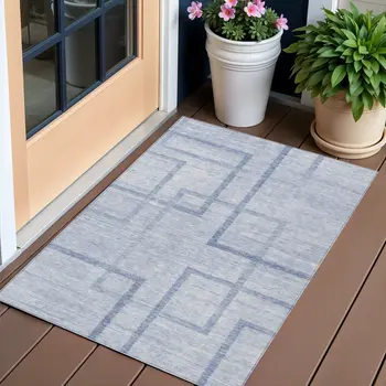 3' X 5' Sky Blue And Denim Blue Geometric Washable Indoor Outdoor Area Rug