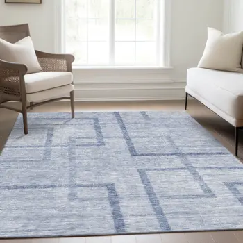 3' X 5' Sky Blue And Denim Blue Geometric Washable Indoor Outdoor Area Rug