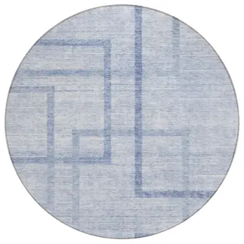 8' Sky Blue And Denim Blue Round Geometric Washable Indoor Outdoor Area Rug
